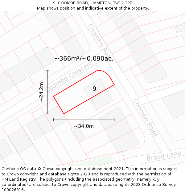 9, COOMBE ROAD, HAMPTON, TW12 3PB: Plot and title map