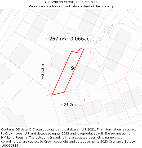 9, COOPERS CLOSE, LEEK, ST13 8JL: Plot and title map