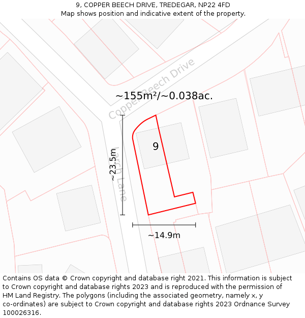 9, COPPER BEECH DRIVE, TREDEGAR, NP22 4FD: Plot and title map