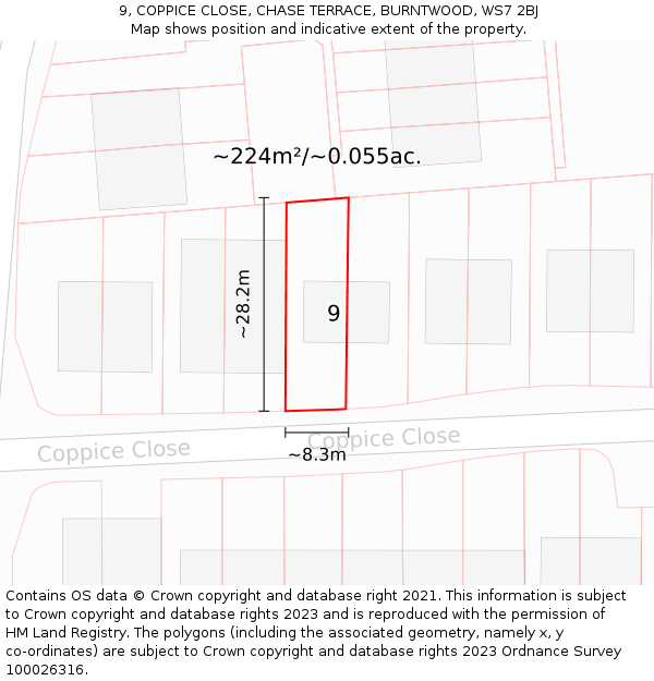 9, COPPICE CLOSE, CHASE TERRACE, BURNTWOOD, WS7 2BJ: Plot and title map