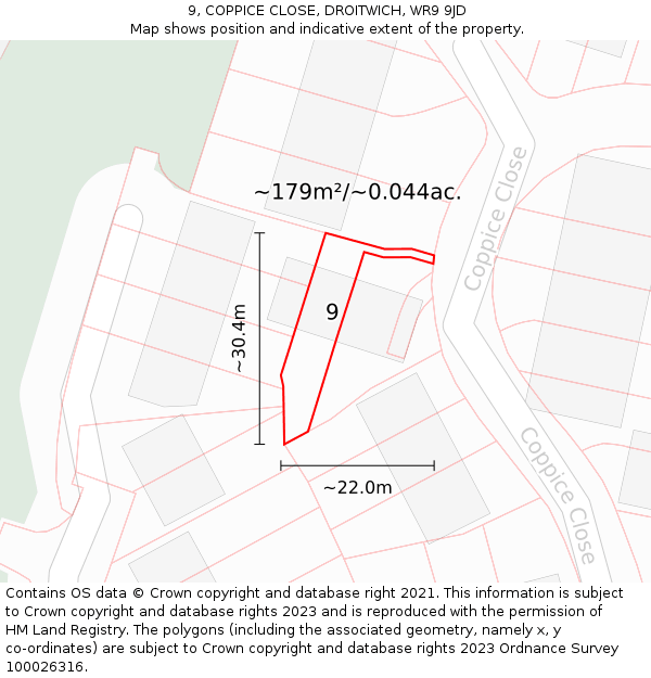 9, COPPICE CLOSE, DROITWICH, WR9 9JD: Plot and title map