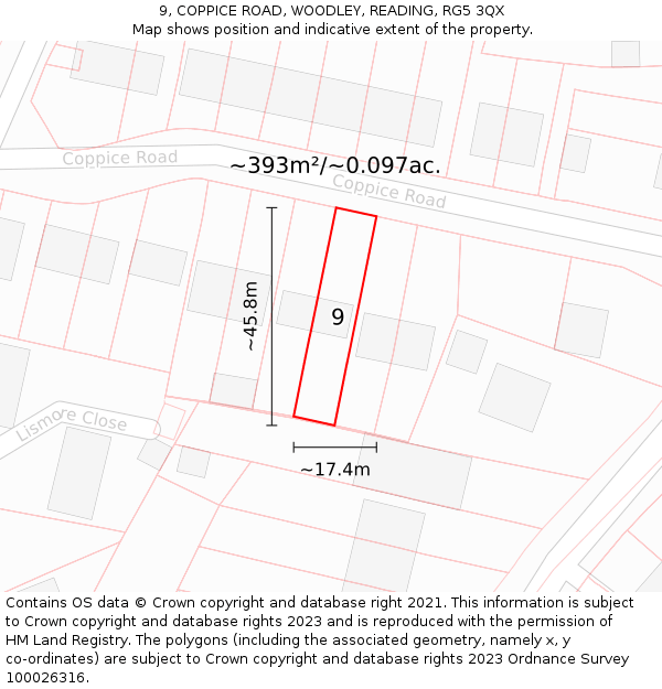 9, COPPICE ROAD, WOODLEY, READING, RG5 3QX: Plot and title map