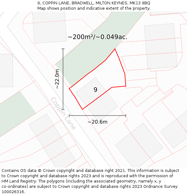 9, COPPIN LANE, BRADWELL, MILTON KEYNES, MK13 9BQ: Plot and title map