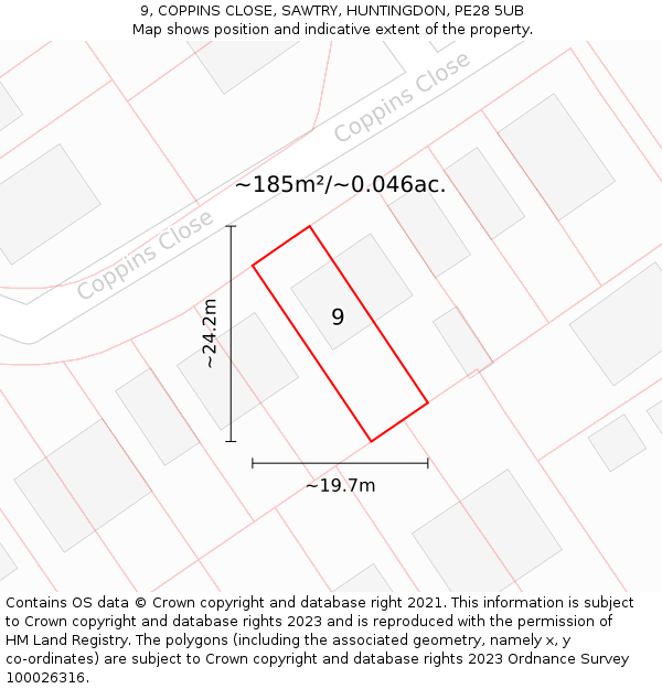 9, COPPINS CLOSE, SAWTRY, HUNTINGDON, PE28 5UB: Plot and title map