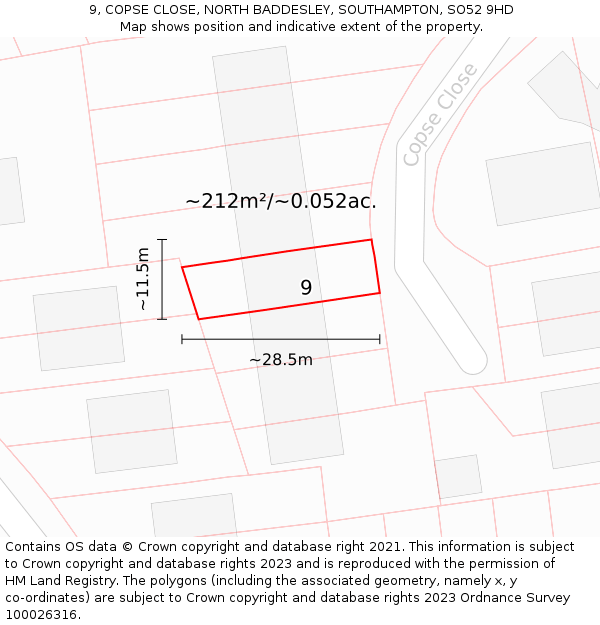 9, COPSE CLOSE, NORTH BADDESLEY, SOUTHAMPTON, SO52 9HD: Plot and title map