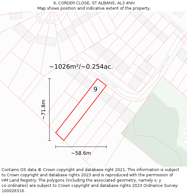 9, CORDER CLOSE, ST ALBANS, AL3 4NH: Plot and title map