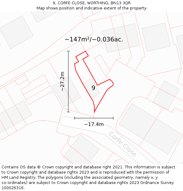 9, CORFE CLOSE, WORTHING, BN13 3QR: Plot and title map