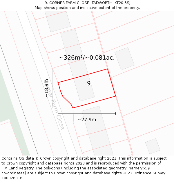 9, CORNER FARM CLOSE, TADWORTH, KT20 5SJ: Plot and title map