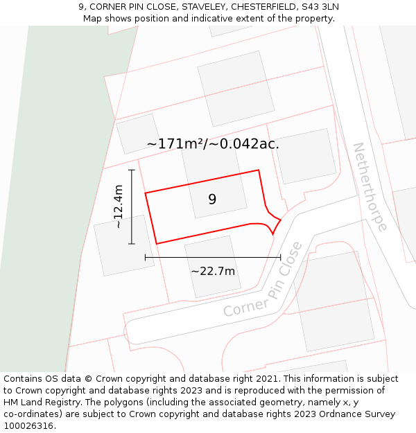 9, CORNER PIN CLOSE, STAVELEY, CHESTERFIELD, S43 3LN: Plot and title map