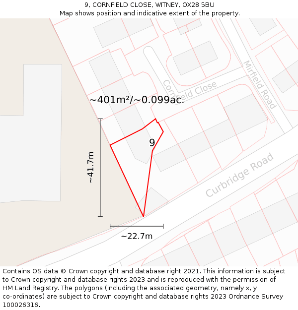 9, CORNFIELD CLOSE, WITNEY, OX28 5BU: Plot and title map