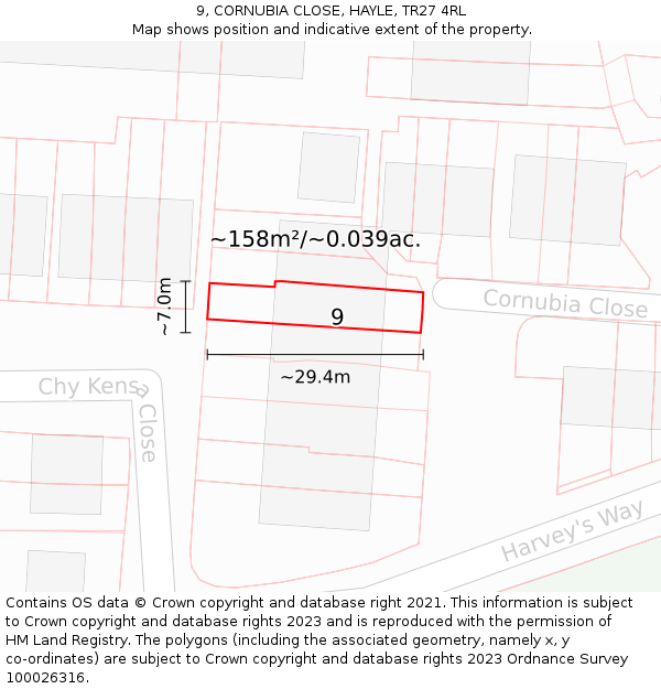 9, CORNUBIA CLOSE, HAYLE, TR27 4RL: Plot and title map