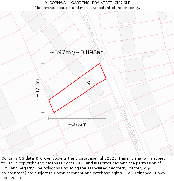 9, CORNWALL GARDENS, BRAINTREE, CM7 9LF: Plot and title map