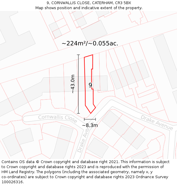 9, CORNWALLIS CLOSE, CATERHAM, CR3 5BX: Plot and title map