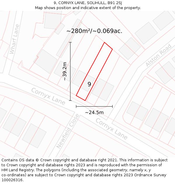 9, CORNYX LANE, SOLIHULL, B91 2SJ: Plot and title map