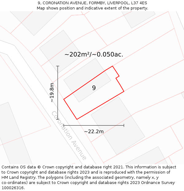 9, CORONATION AVENUE, FORMBY, LIVERPOOL, L37 4ES: Plot and title map