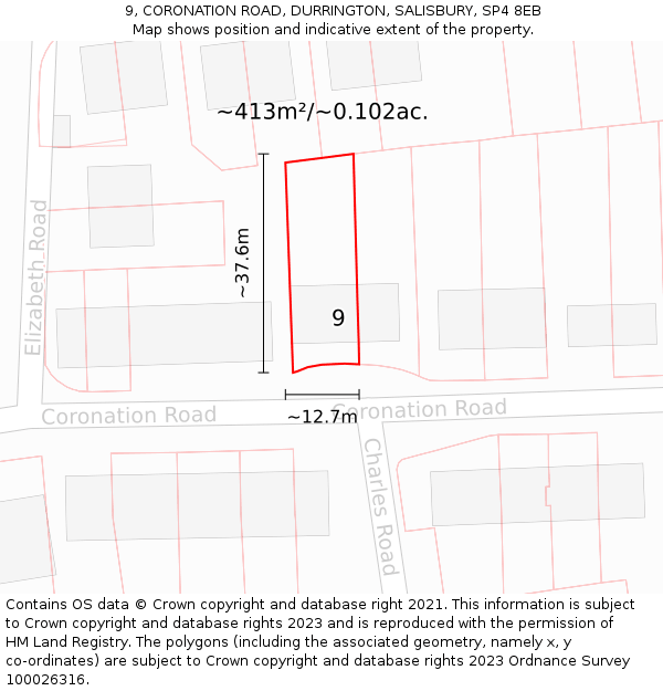 9, CORONATION ROAD, DURRINGTON, SALISBURY, SP4 8EB: Plot and title map