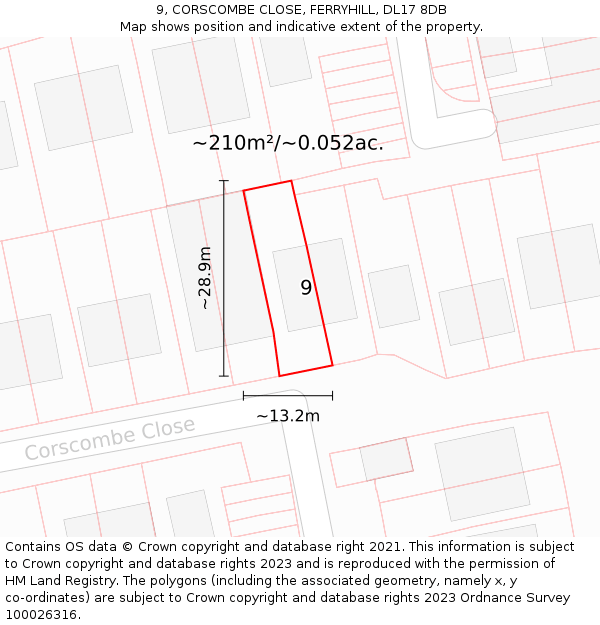 9, CORSCOMBE CLOSE, FERRYHILL, DL17 8DB: Plot and title map