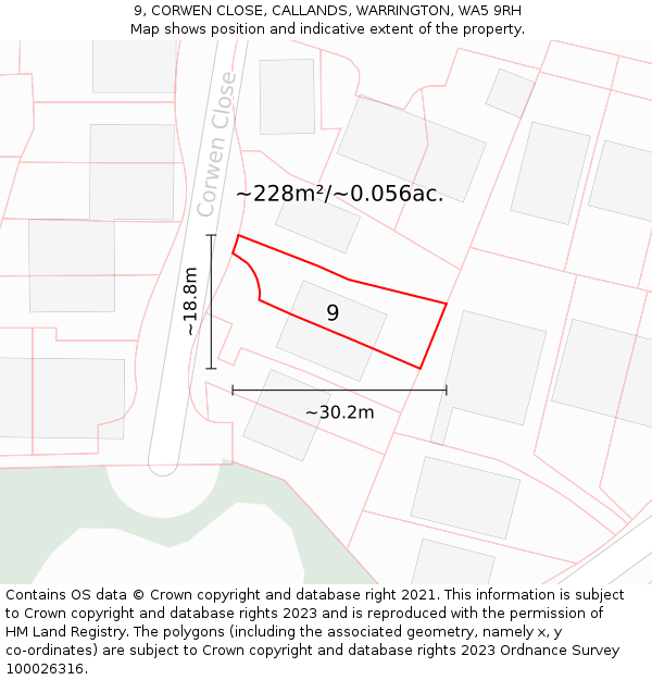 9, CORWEN CLOSE, CALLANDS, WARRINGTON, WA5 9RH: Plot and title map