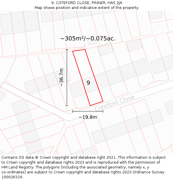 9, COTEFORD CLOSE, PINNER, HA5 2JA: Plot and title map