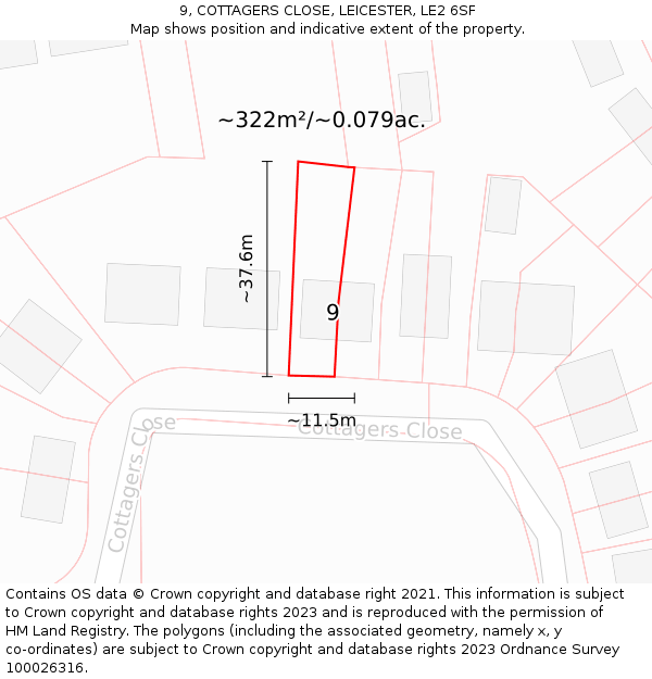 9, COTTAGERS CLOSE, LEICESTER, LE2 6SF: Plot and title map