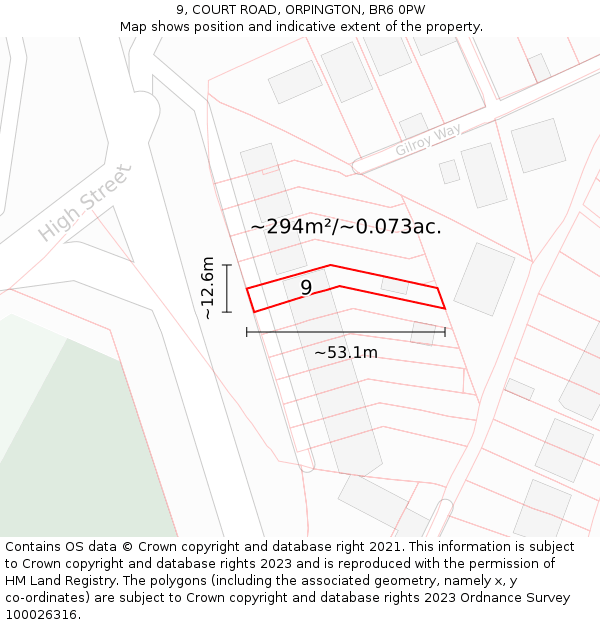 9, COURT ROAD, ORPINGTON, BR6 0PW: Plot and title map