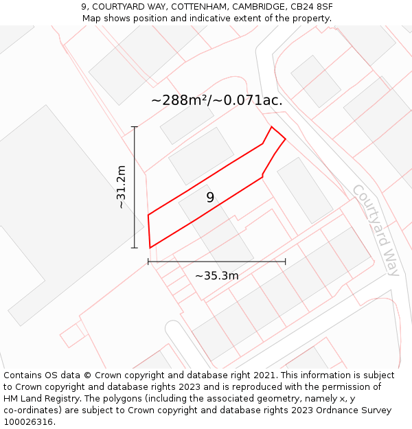 9, COURTYARD WAY, COTTENHAM, CAMBRIDGE, CB24 8SF: Plot and title map