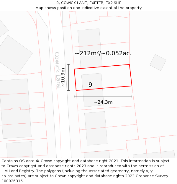 9, COWICK LANE, EXETER, EX2 9HP: Plot and title map