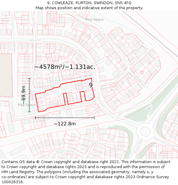9, COWLEAZE, PURTON, SWINDON, SN5 4FQ: Plot and title map