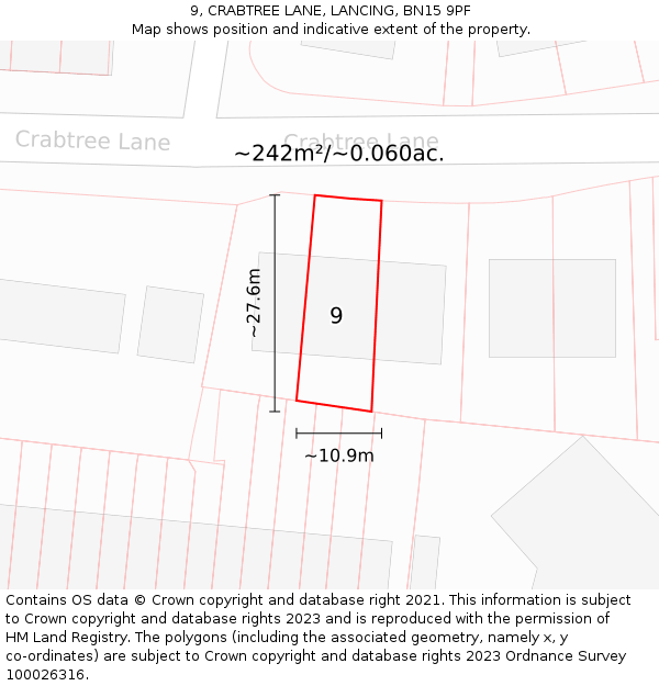 9, CRABTREE LANE, LANCING, BN15 9PF: Plot and title map