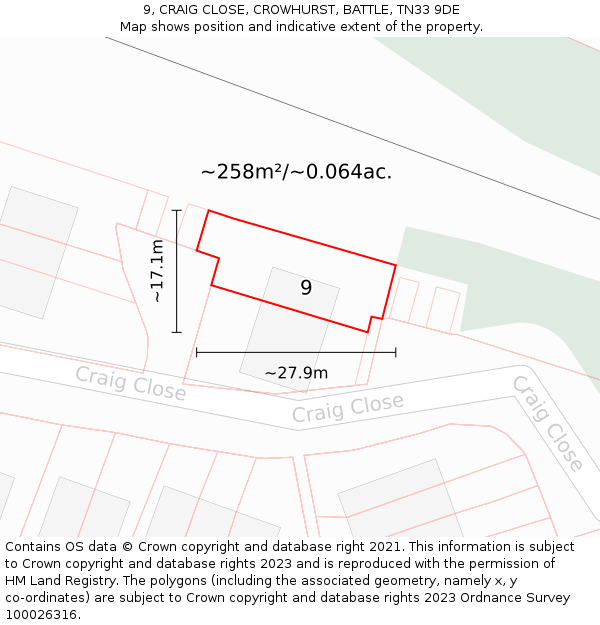 9, CRAIG CLOSE, CROWHURST, BATTLE, TN33 9DE: Plot and title map