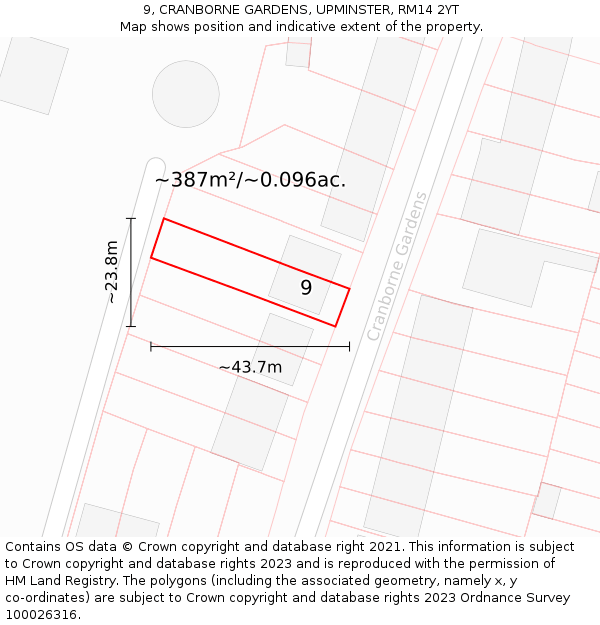 9, CRANBORNE GARDENS, UPMINSTER, RM14 2YT: Plot and title map