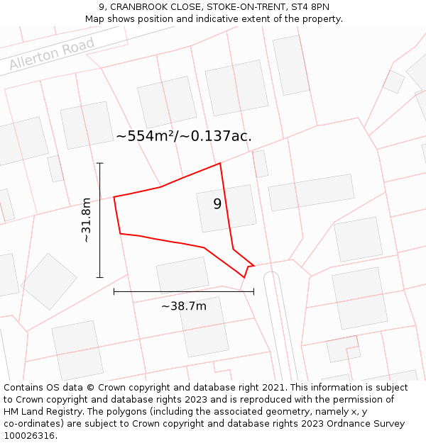 9, CRANBROOK CLOSE, STOKE-ON-TRENT, ST4 8PN: Plot and title map