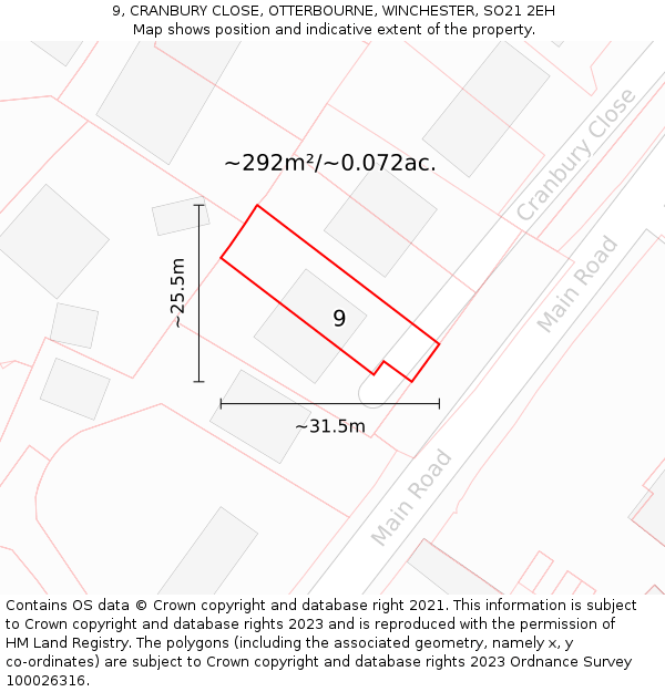 9, CRANBURY CLOSE, OTTERBOURNE, WINCHESTER, SO21 2EH: Plot and title map
