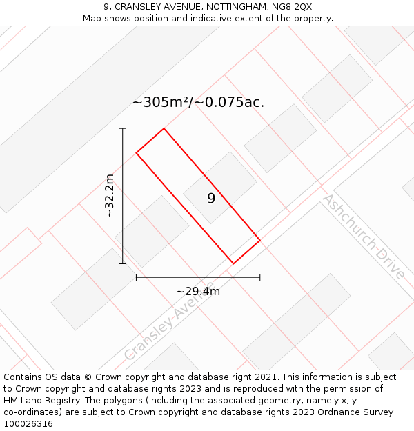 9, CRANSLEY AVENUE, NOTTINGHAM, NG8 2QX: Plot and title map