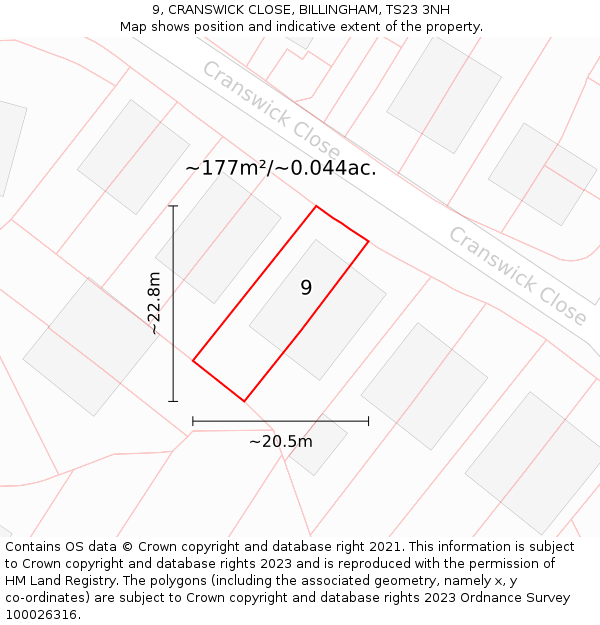 9, CRANSWICK CLOSE, BILLINGHAM, TS23 3NH: Plot and title map