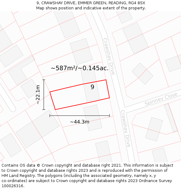 9, CRAWSHAY DRIVE, EMMER GREEN, READING, RG4 8SX: Plot and title map