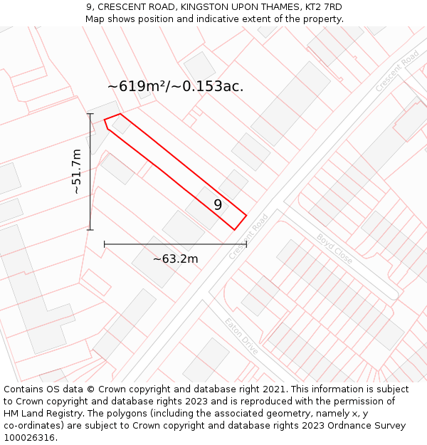 9, CRESCENT ROAD, KINGSTON UPON THAMES, KT2 7RD: Plot and title map