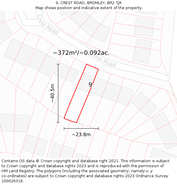 9, CREST ROAD, BROMLEY, BR2 7JA: Plot and title map
