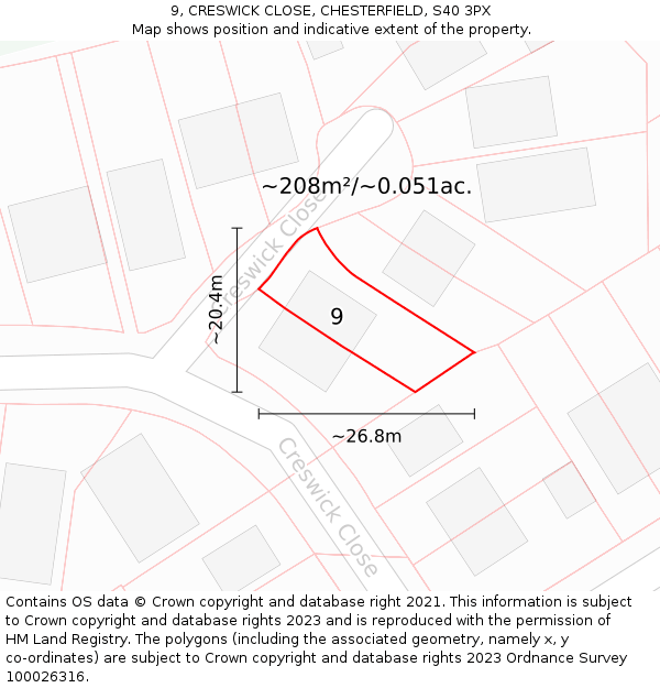 9, CRESWICK CLOSE, CHESTERFIELD, S40 3PX: Plot and title map