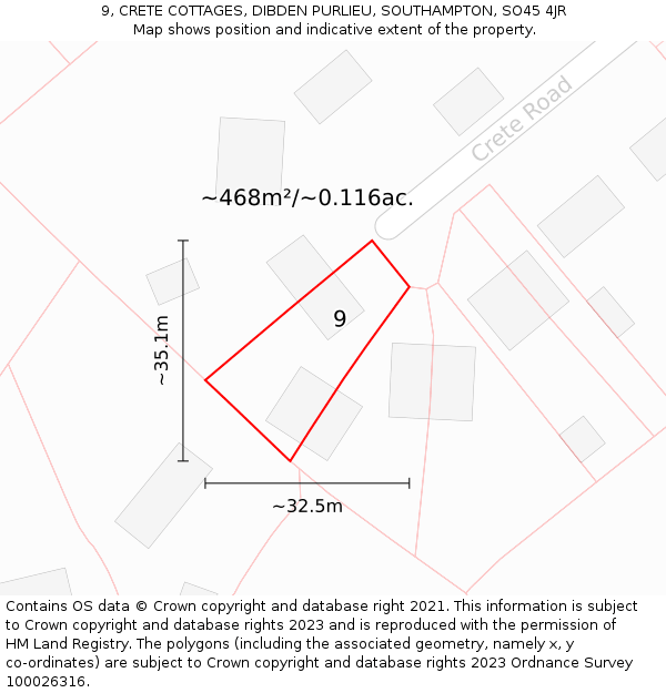 9, CRETE COTTAGES, DIBDEN PURLIEU, SOUTHAMPTON, SO45 4JR: Plot and title map