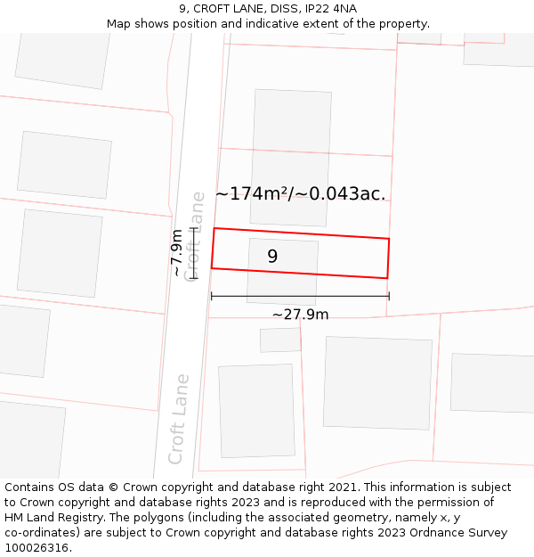 9, CROFT LANE, DISS, IP22 4NA: Plot and title map