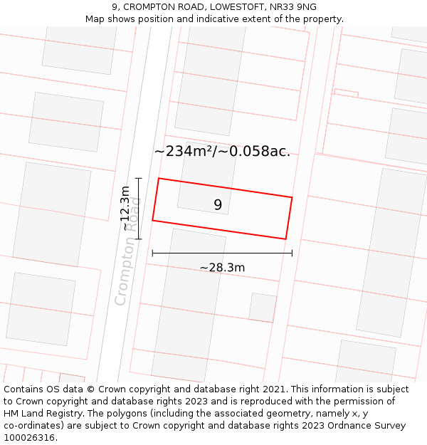 9, CROMPTON ROAD, LOWESTOFT, NR33 9NG: Plot and title map