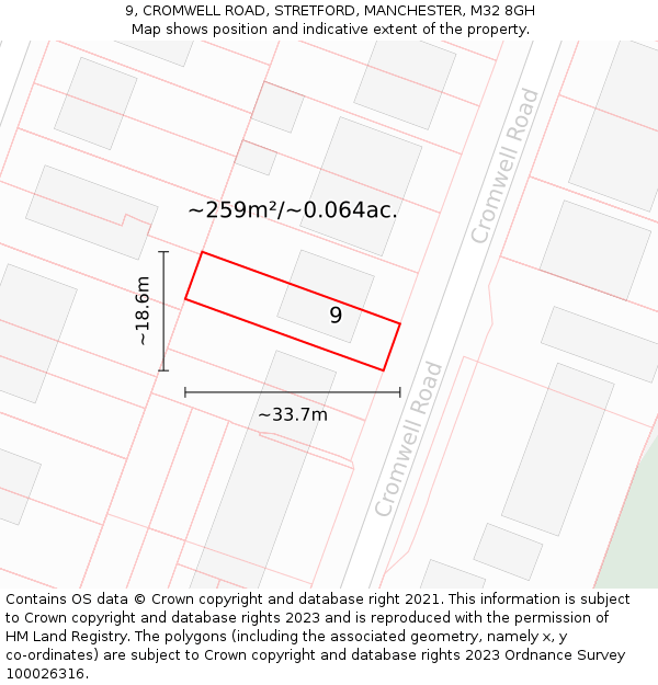 9, CROMWELL ROAD, STRETFORD, MANCHESTER, M32 8GH: Plot and title map