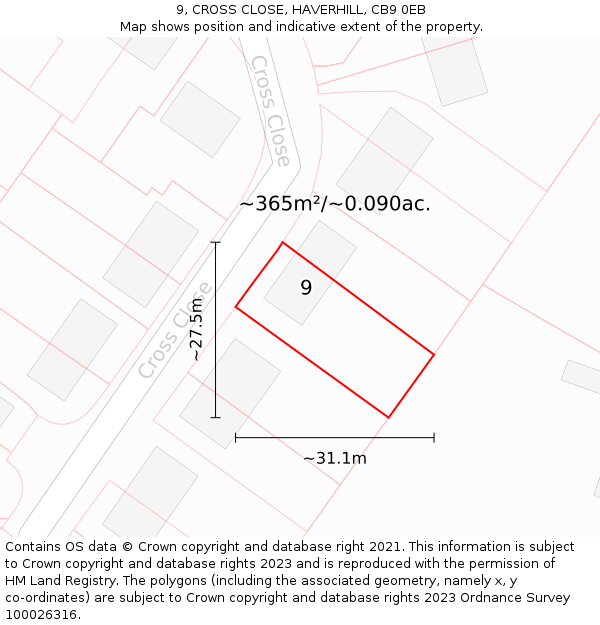 9, CROSS CLOSE, HAVERHILL, CB9 0EB: Plot and title map
