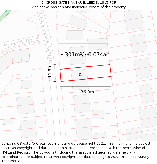 9, CROSS GATES AVENUE, LEEDS, LS15 7QF: Plot and title map