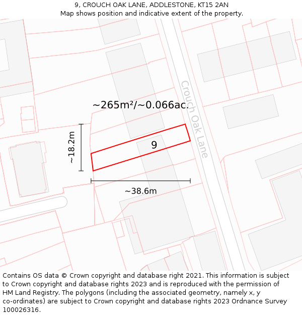 9, CROUCH OAK LANE, ADDLESTONE, KT15 2AN: Plot and title map