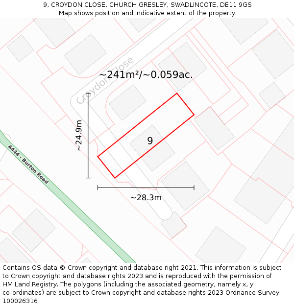 9, CROYDON CLOSE, CHURCH GRESLEY, SWADLINCOTE, DE11 9GS: Plot and title map