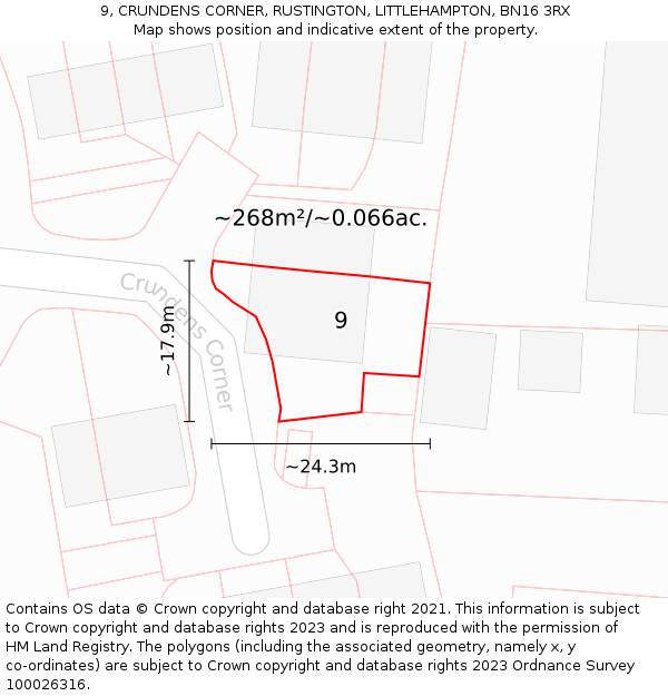 9, CRUNDENS CORNER, RUSTINGTON, LITTLEHAMPTON, BN16 3RX: Plot and title map