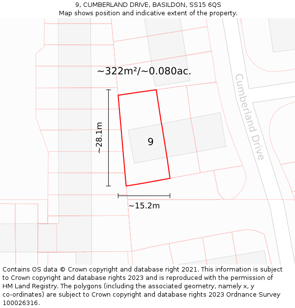 9, CUMBERLAND DRIVE, BASILDON, SS15 6QS: Plot and title map