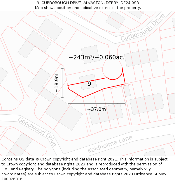 9, CURBOROUGH DRIVE, ALVASTON, DERBY, DE24 0SR: Plot and title map